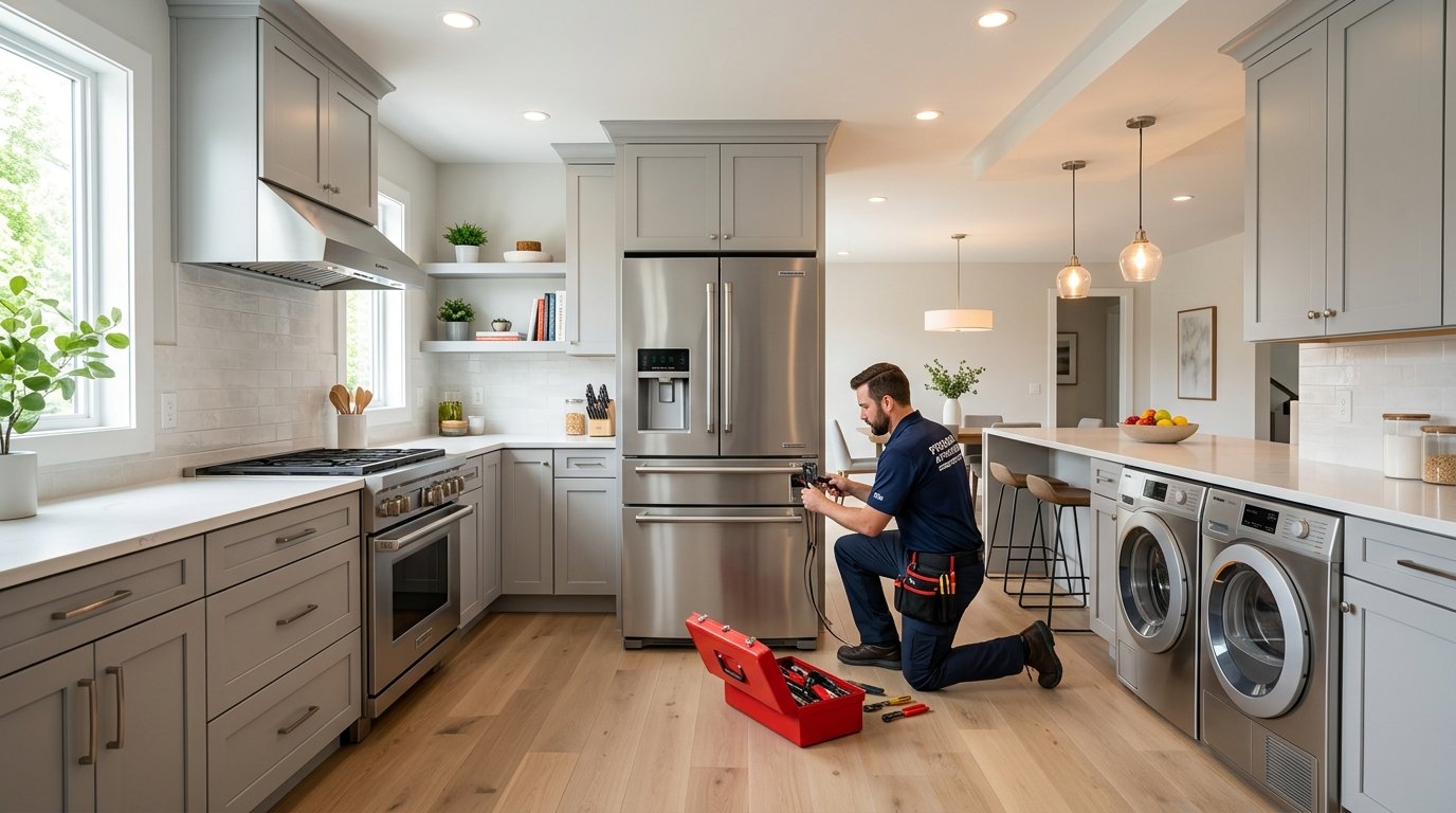 Professional appliance repair technician at work in a modern kitchen